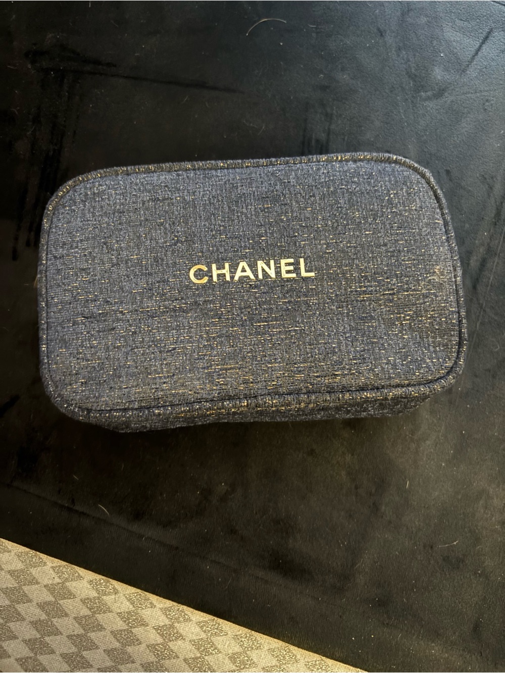 CHANEL Dark Blue Glitter Zip Pouch with Gold Logo